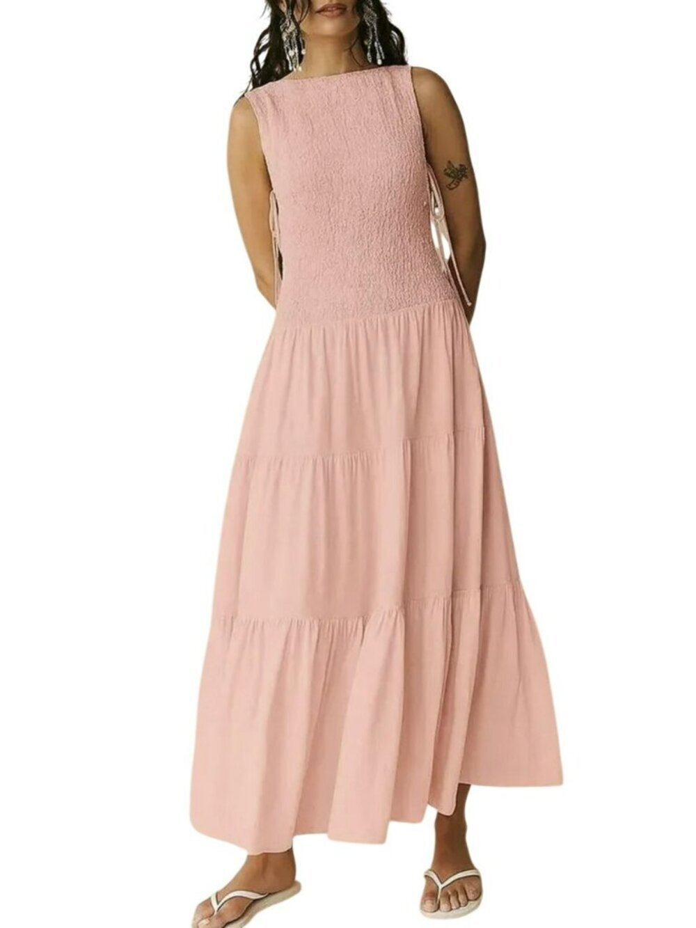 Free People Sterling Smocked Open Tie Side Tiered Maxi Dress Pink Small New